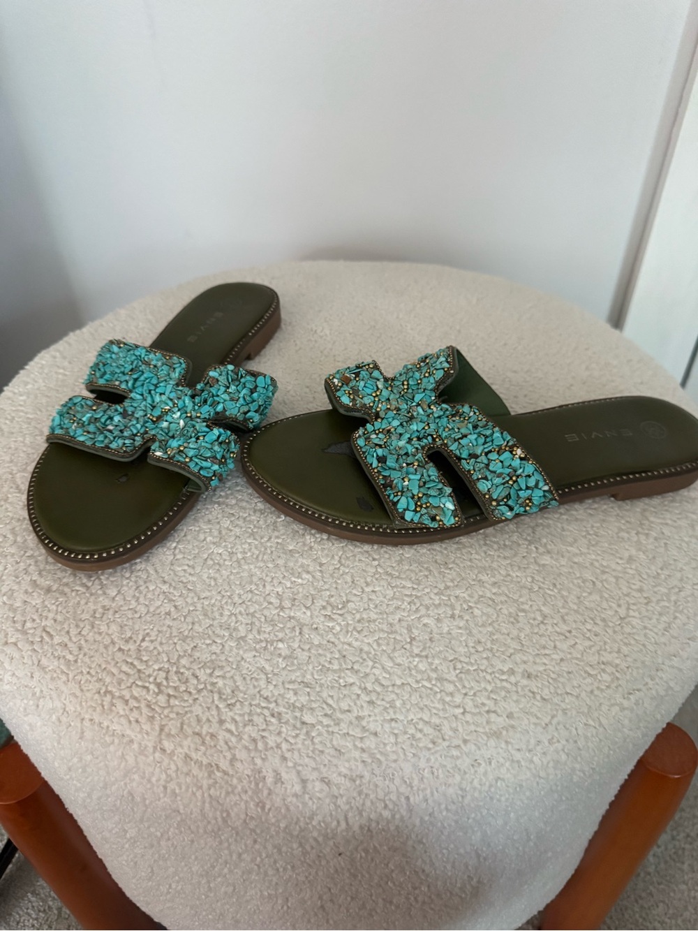 Embellished Turquoise Slide Sandals for Women